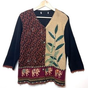 VTG 90’s Embroidered Sequin Animal Leopard Print Safari Sweater Cardigan